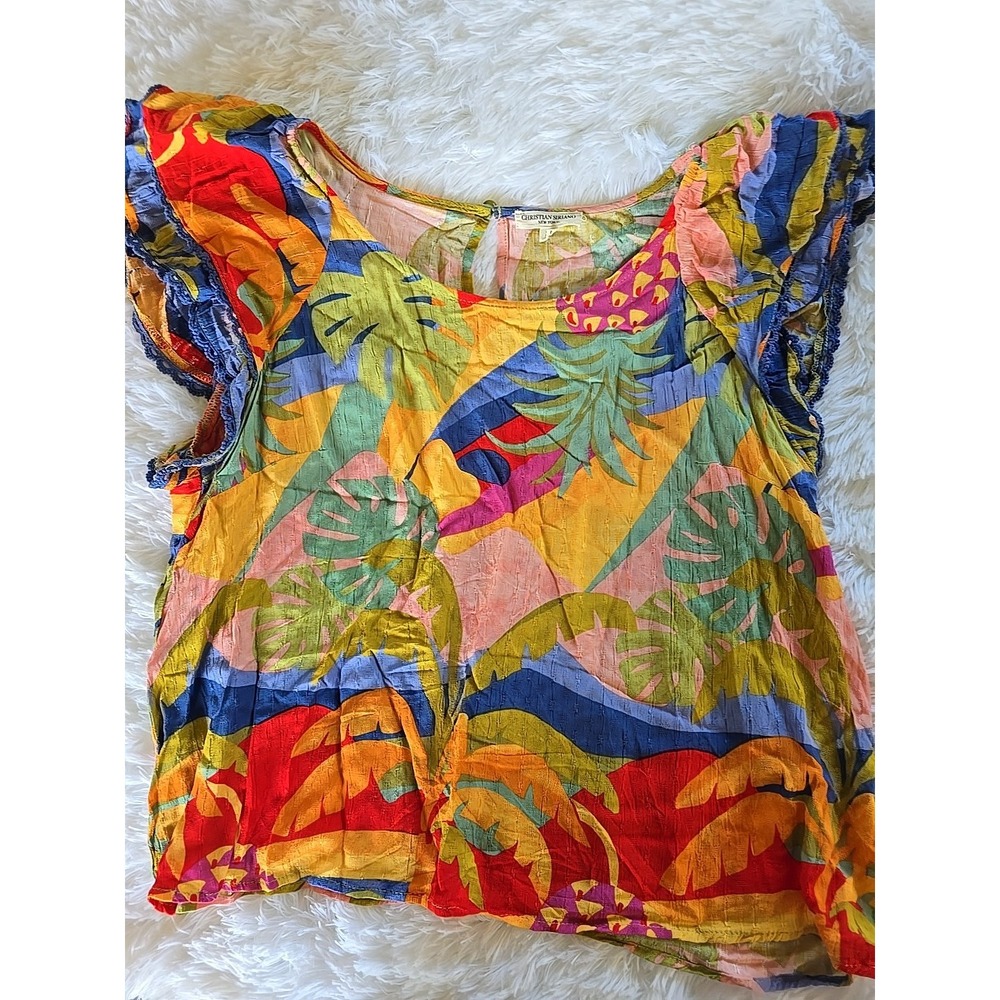 Christian Siriano Floral Multicolor Lightweight Short Sleeve Linen Blouse S XL